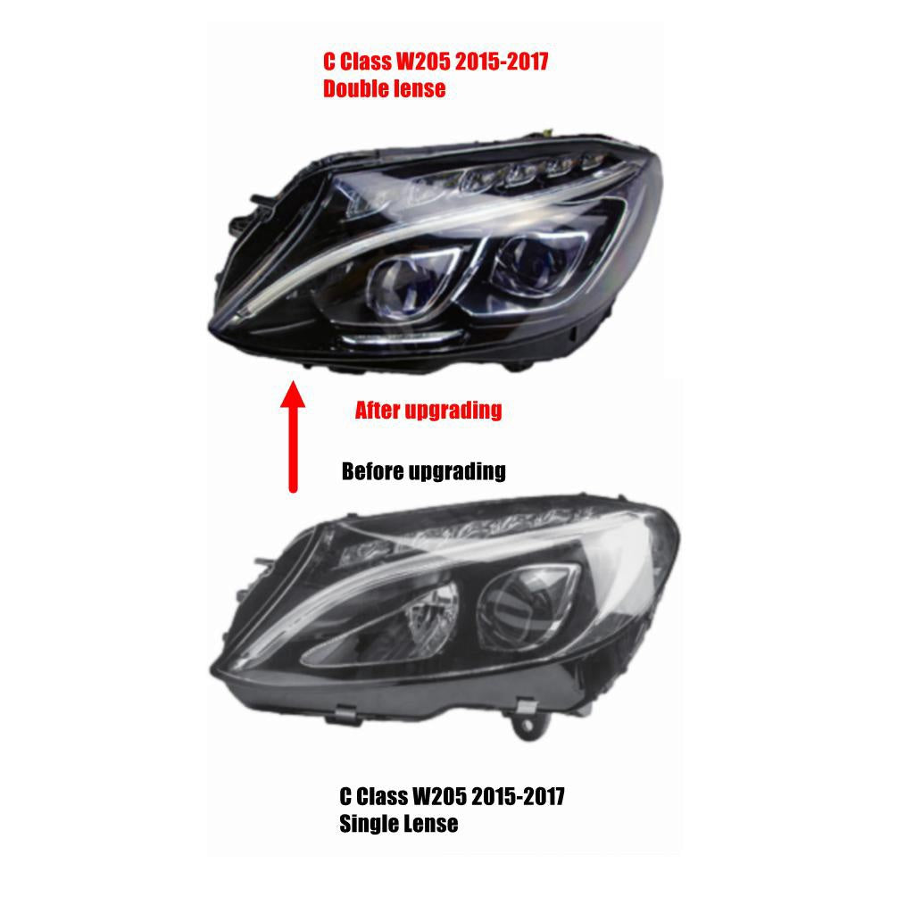 Mercedes Benz C Class W205 2015 LED single Lense version headlights upgraded to LED double Lense Headlights.